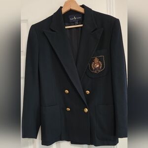 Ralph Lauren Vintage Navy Blue Gold Crest Double Breasted Blazer Size 8 Wool